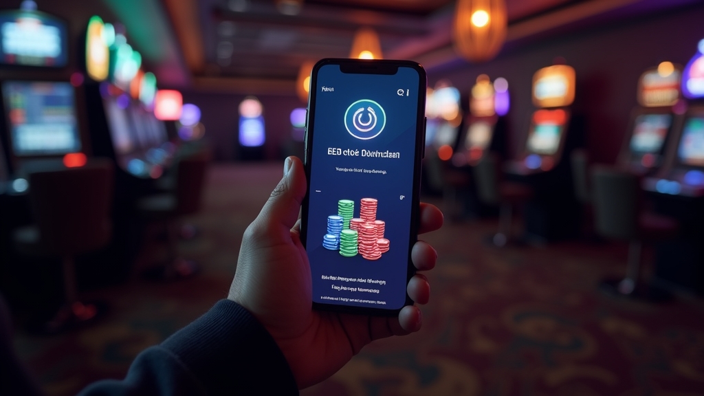 A user checking a casino app download screen on a phone in a dark casino setting