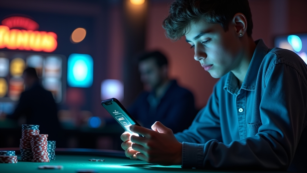 Player checking a glowing bonus code in a dark casino setting