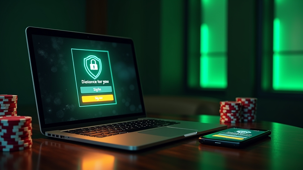 A casino login screen on laptop and phone with registration icons