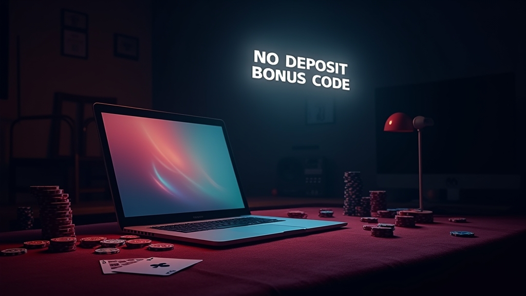 Laptop displaying a no deposit bonus code in a dark casino setting