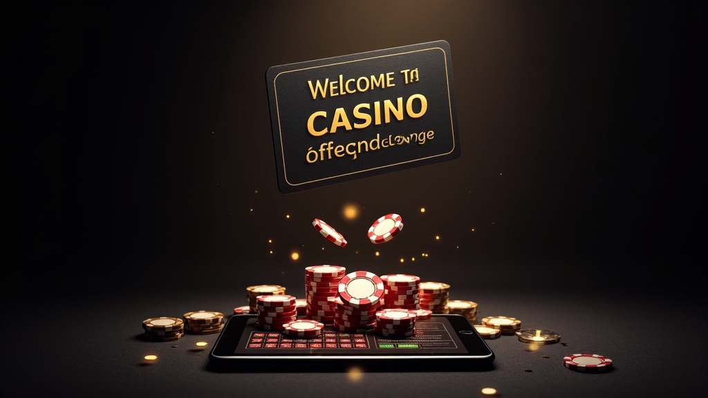 Tablet showing welcome offer terms in a dark casino lounge